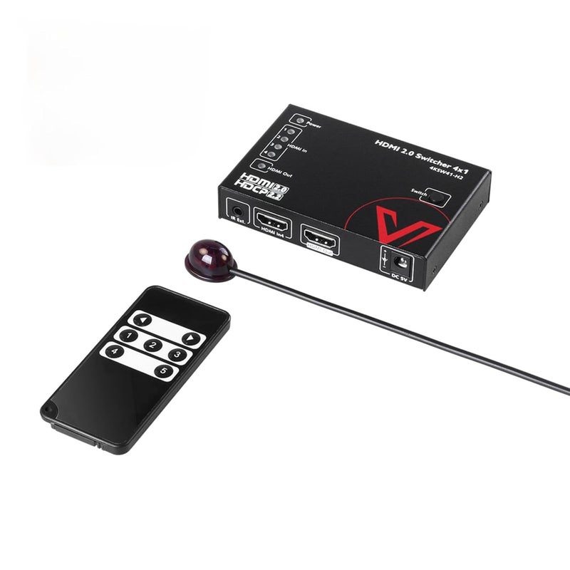 v AV Access AV Access HDMI 2.0 Switch 4 in 1 Out UHD 4K@60Hz & 1080p@120Hz, HDR10 Dobly Vision and 3D, 18Gbps Zero Latency, HDCP 2.2, Plug & Play, IR Remote/Plug-in/Button Switch, Digital DTS-HD TrueHD Audio - Image 1